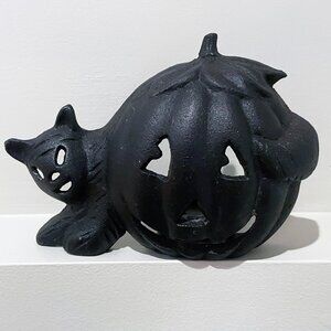 Vintage Cast Iron Halloween Jack-o-Lantern and Cat Tea Light Candle Holder Black